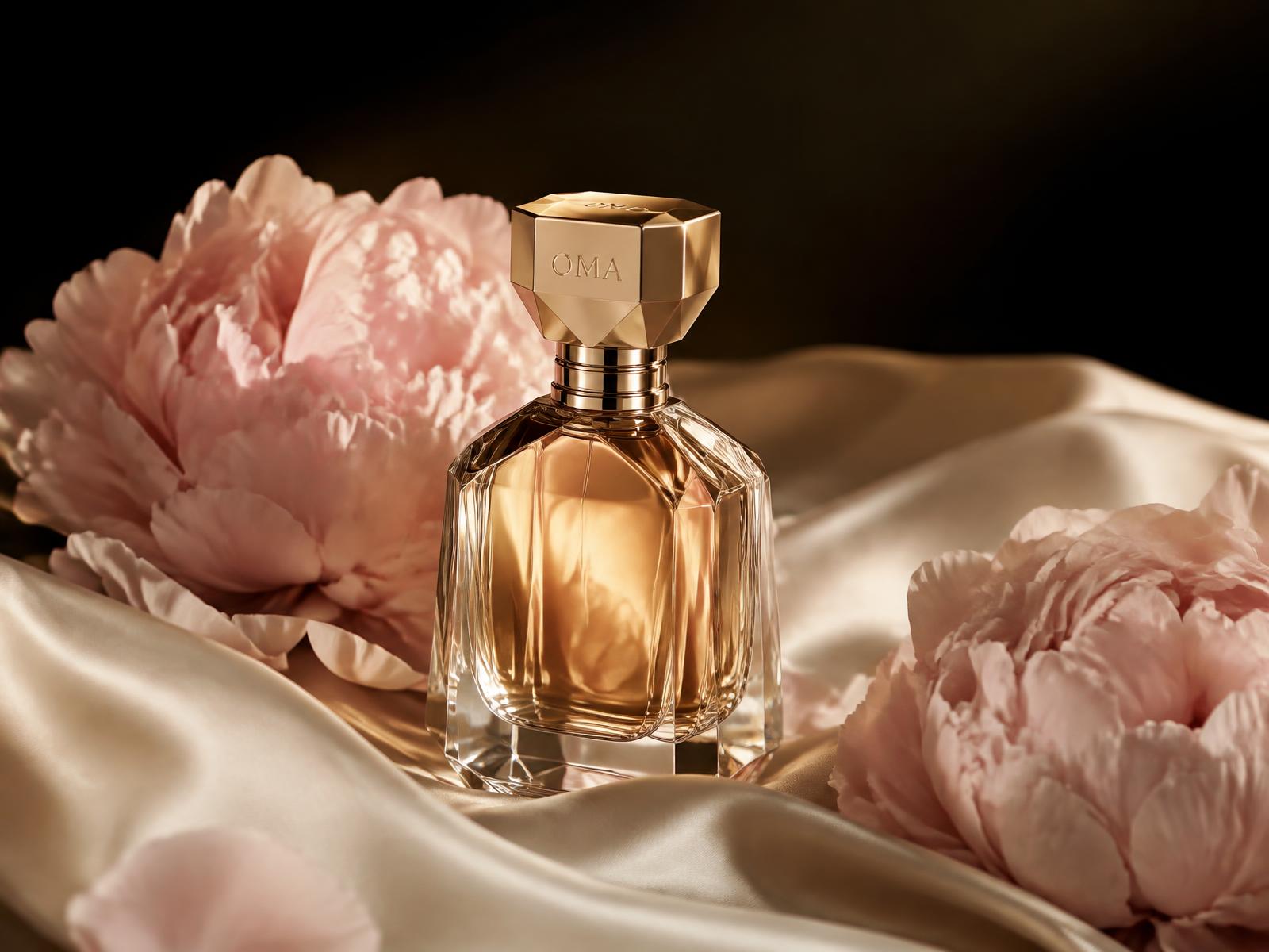 OMA PERFUME bottle on satin with peonies